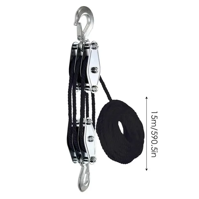 Block And Tackle 50 Ft 3/8 Rope Pulley Hoist With 5:1 Lifting Power Multifunctional Heavy Duty Pulley System With 2200 Lbs swivel pulley