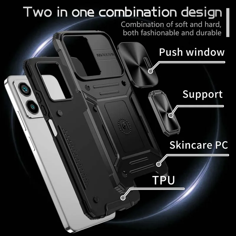 Slide Lens Camera Case For Xiaomi POCO F5 X5 Redmi Note 12 11 11S 11E Pro K60 5G Cover Shockproof Armor Protect Back_voghion.com