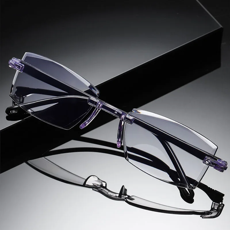 Smart Zoom Reading Glasses for Both Distance and Near Use Blue Light Blocking Eyeglasses Rimless Glasses +1.0(100) ~ +7.0(700)