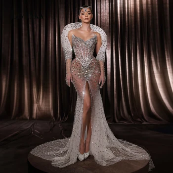 LIVANKA Glittering Rhinestones Evening Dress for Woman Tulle V-neck Ruched Corset Saudi Arabric Robes De Soiree Customized
