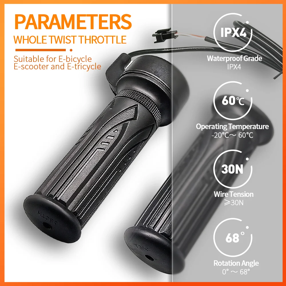 WUXING 20X 풀 트위스트 스로틀 전자 자전거 오른쪽 핸들 스로틀 24V 36V 48V 60V 72V Ebike 또는 Escooter 용 방수/SM 커넥터