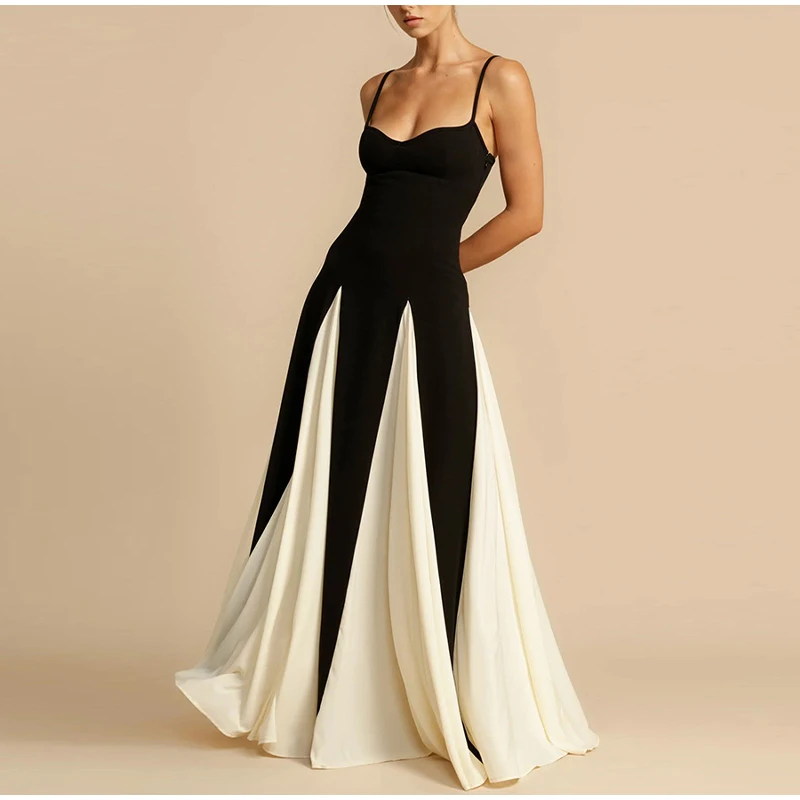 Fashion Patchwork Strap Maxi Dress Women Sexy Sleeveless Backless Female Sling Dresses Summer New Party Lady Robe