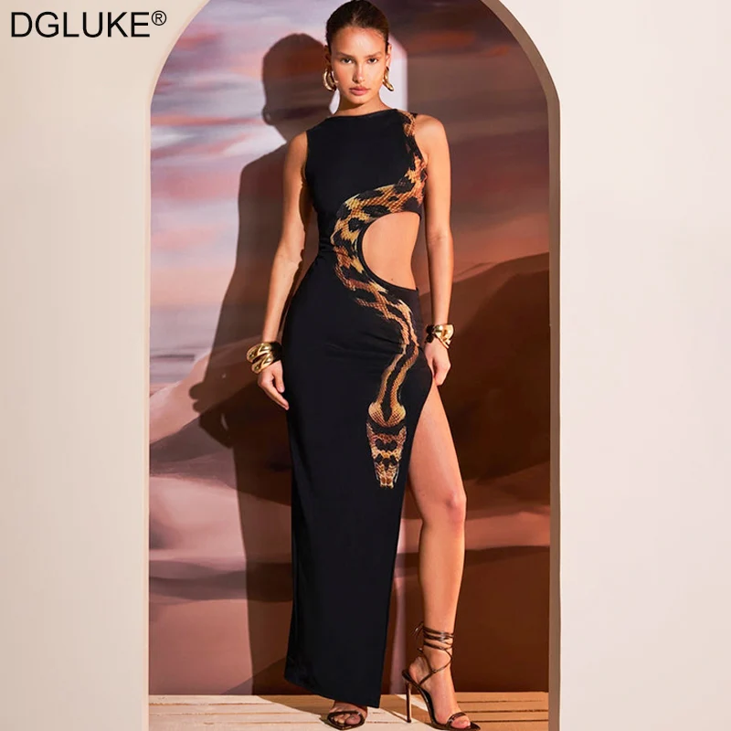 

Snake Print Long Dress Woman O-Neck Sleeveless Cut Out Maxi Dress Summer Sexy Black Club Party Dresses