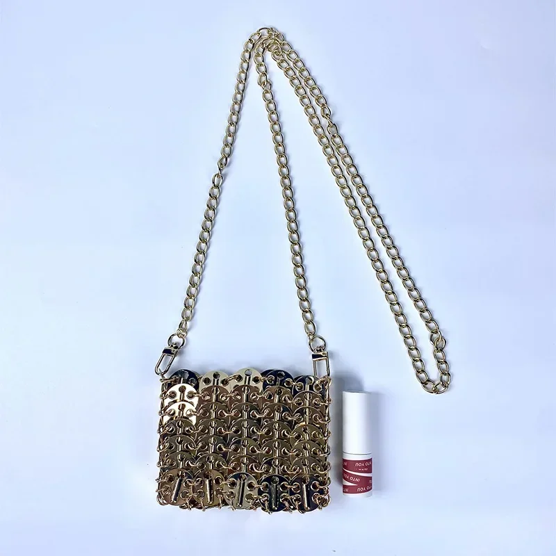 Fashion Hand Woven Mini Metal Sequins Chain Crossbody Bag Gold Silver Shiny Hollow Out Evening Bag Small Lipstick Clutch Bag