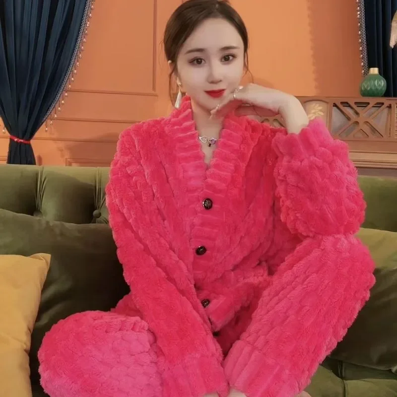 2024 New Famale Coral Velvet Pajamas Women Autumn Winter Loungewear Plush Thicken Nighty Warm Large Flannel Home Clothing Sets