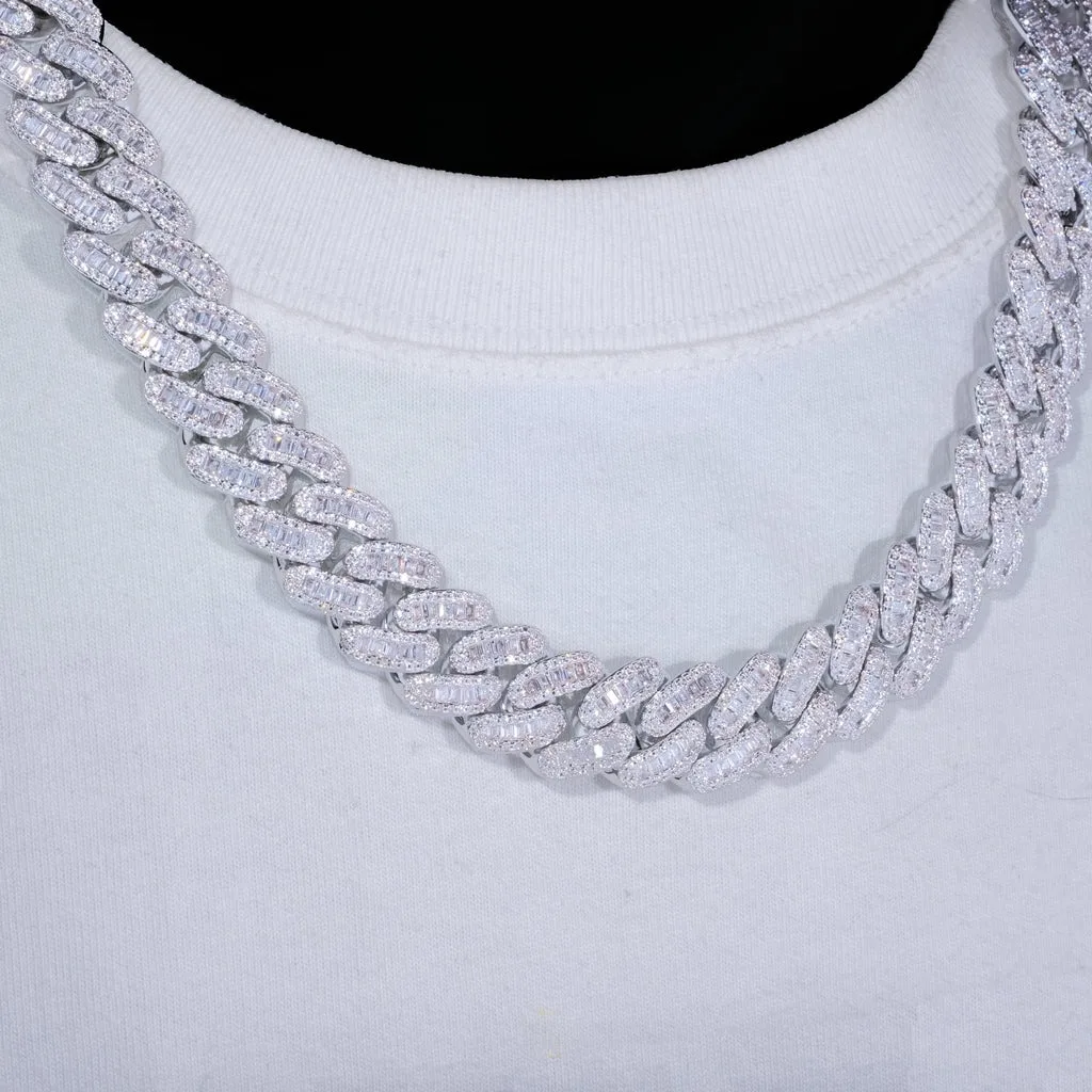 

15mm Baguette Cuban Link Chain Iced Out In hand-set Simulated Diamond Stones Bling Miami CZ Necklace Gift for Her/Him