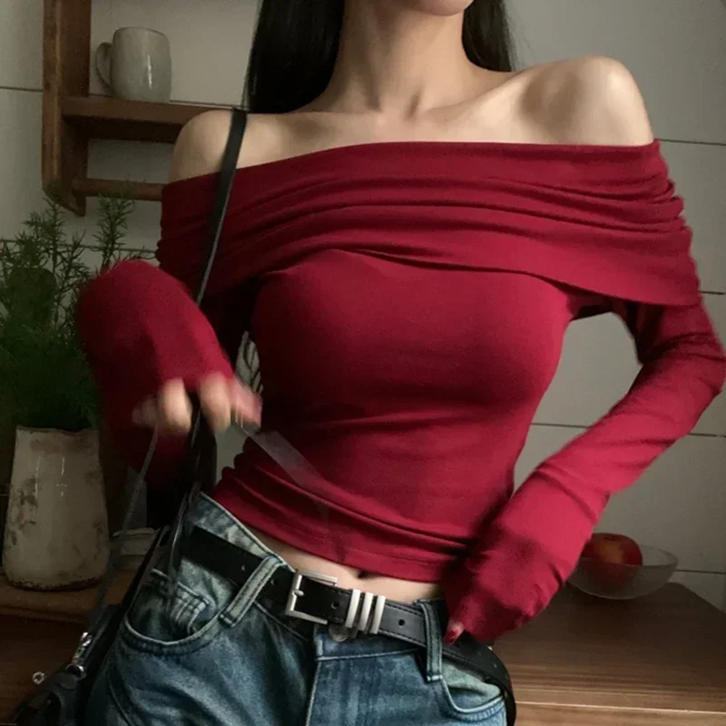 Women Off Shoulder Long Sleeve Knitted T-shirt Sexy Tops Solid Elegant Autumn Winter New Spicy Girl Slim Fit Short Red Crop Top 1