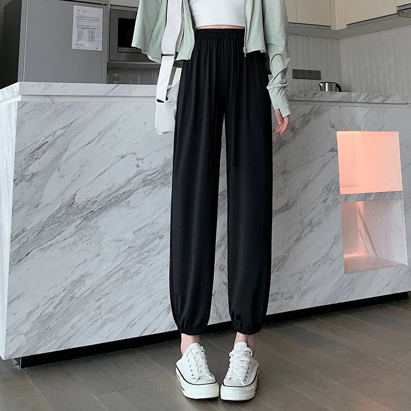 

Women Long Loose Pants Summer Straight Long Elastic tapered Leg women Casual trousers Soft Knitted Ice Silk Pants