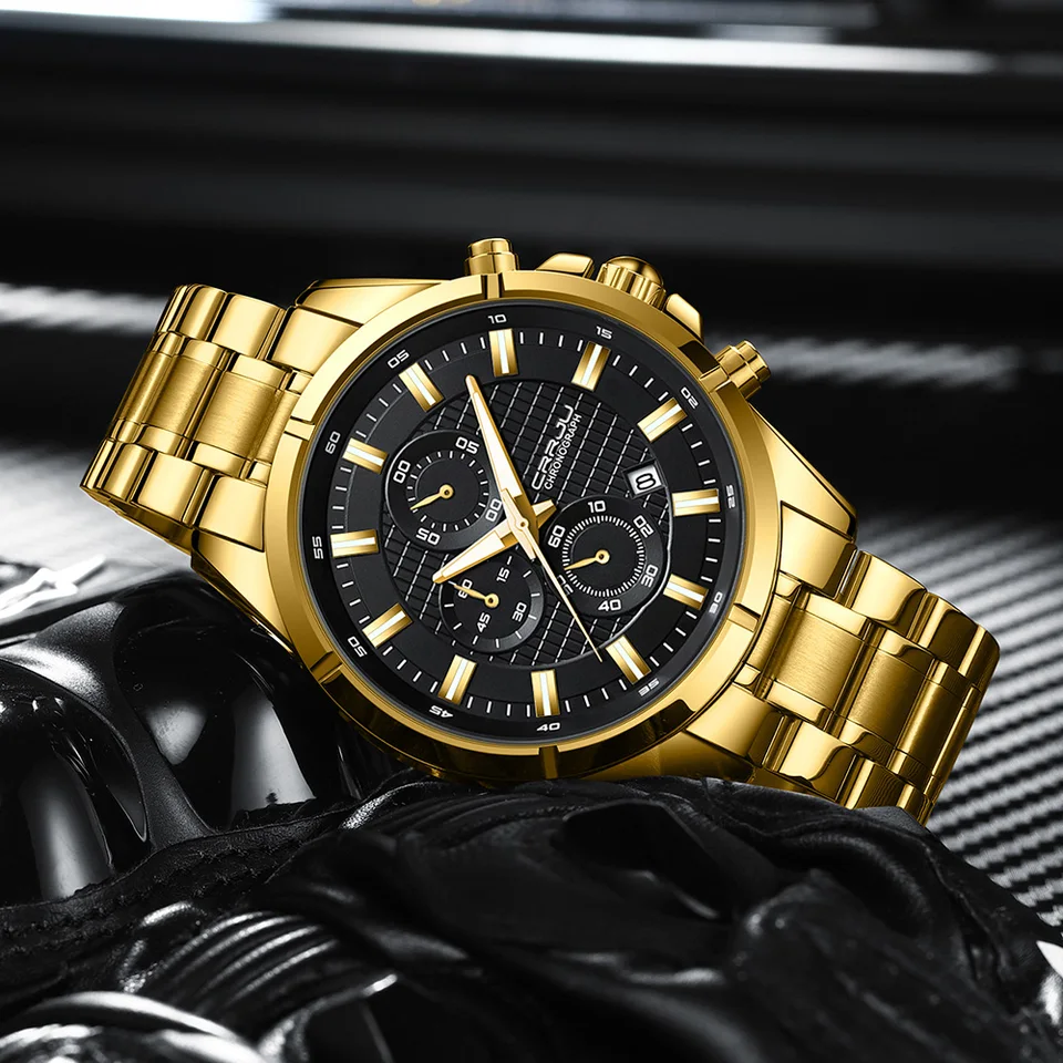 CRRJU Orologio Uomo Lusso Business - Cronografo Quarz Analogico, Impermeabile 30m, Calendario, Cassa 45mm Acciaio Inox