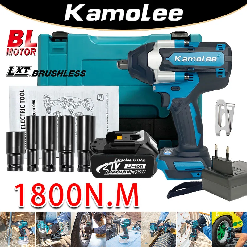 Kamolee 1800 N.m High Torque 6000mAh Brushless Electric Impact Wrench 1/2 Inch For Makita 18V Battery