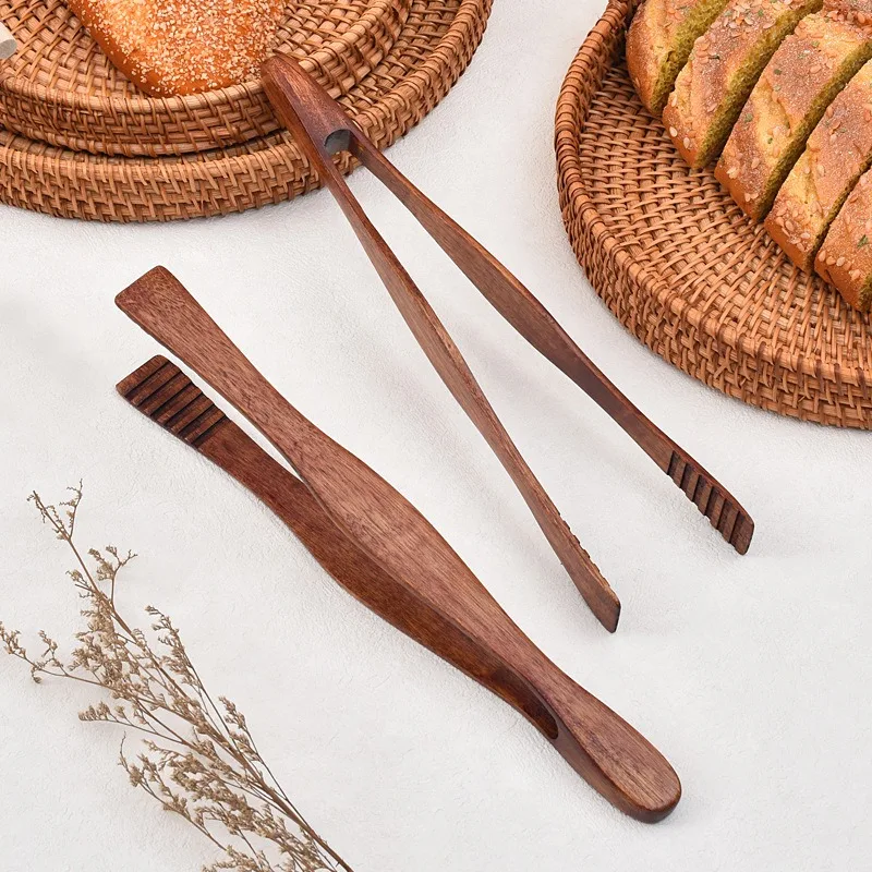 Bamboo Cooking Kitchen Tongs Food BBQ Tool Salad Bacon Steak Bread Cake Wooden Clip Home Utensil
