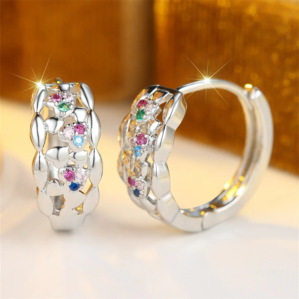 Vintage Hollow Rainbow Crystal Zircon Hoop Earrings For Women Fashion Gold Silver Color Ear Buckle Wedding Jewelry Bridal Gifts