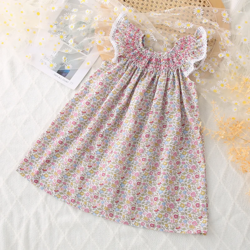 Little Girl's Angel Hand Smocked Dress - Cotton Seersucker Summer Dress With Ruffle Sleeves - View #14