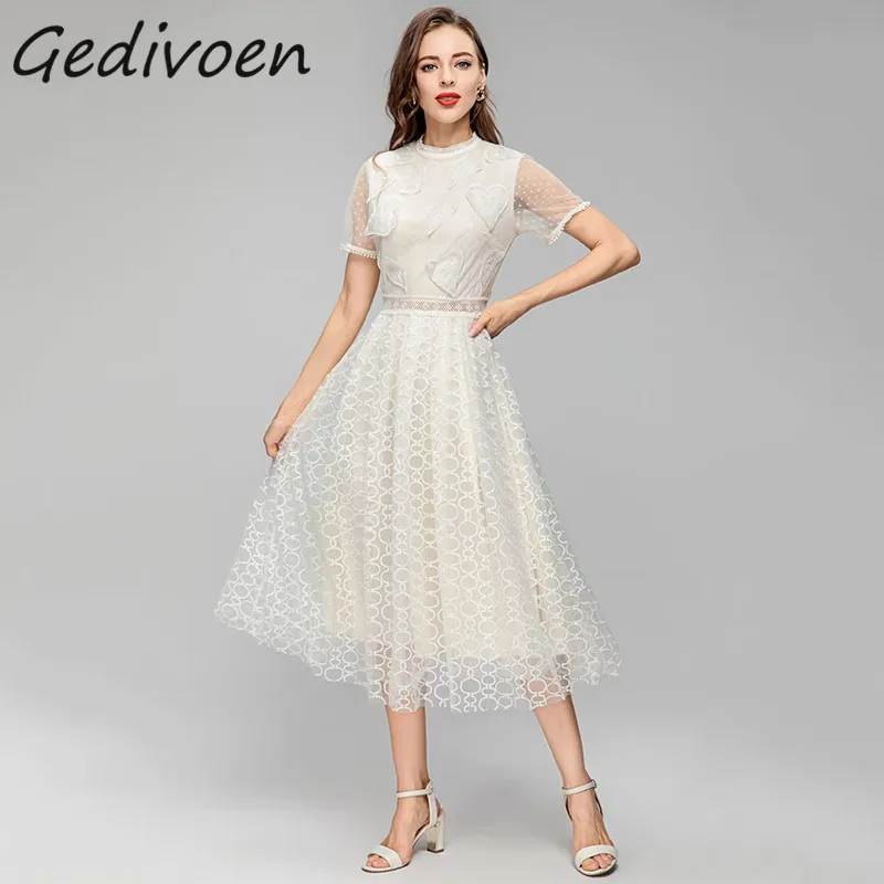 

Gedivoen Summer Fashion Designer Elegant Net Yarn Dress Women's O-Neck Lace Embroidery Hollow Out Dots Appliques Slim Long Dress
