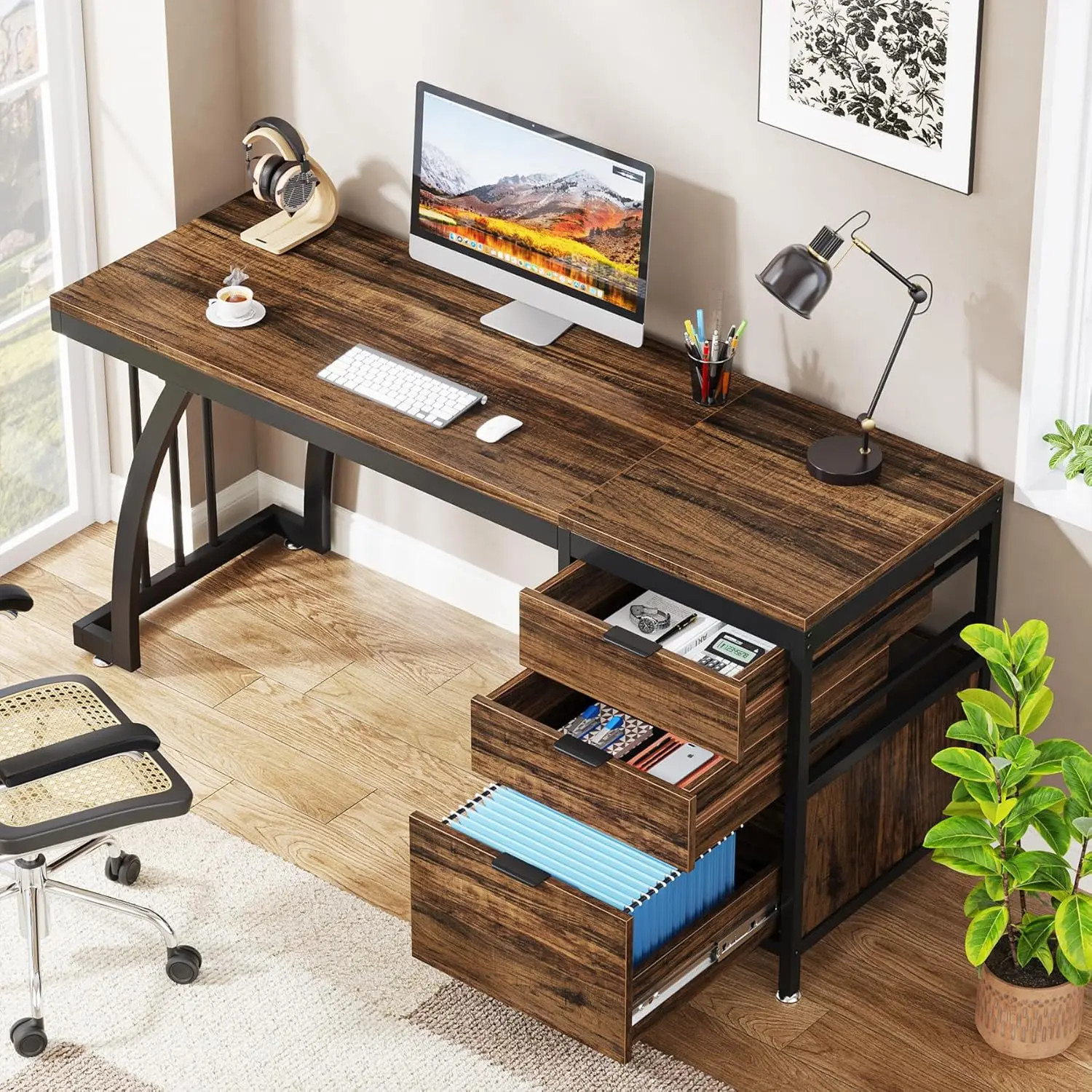 59 Inch Computer Desk with 3 Drawers, Study Writing Table Workstation with File Storage, Home Office Desks with Large Desktop 1