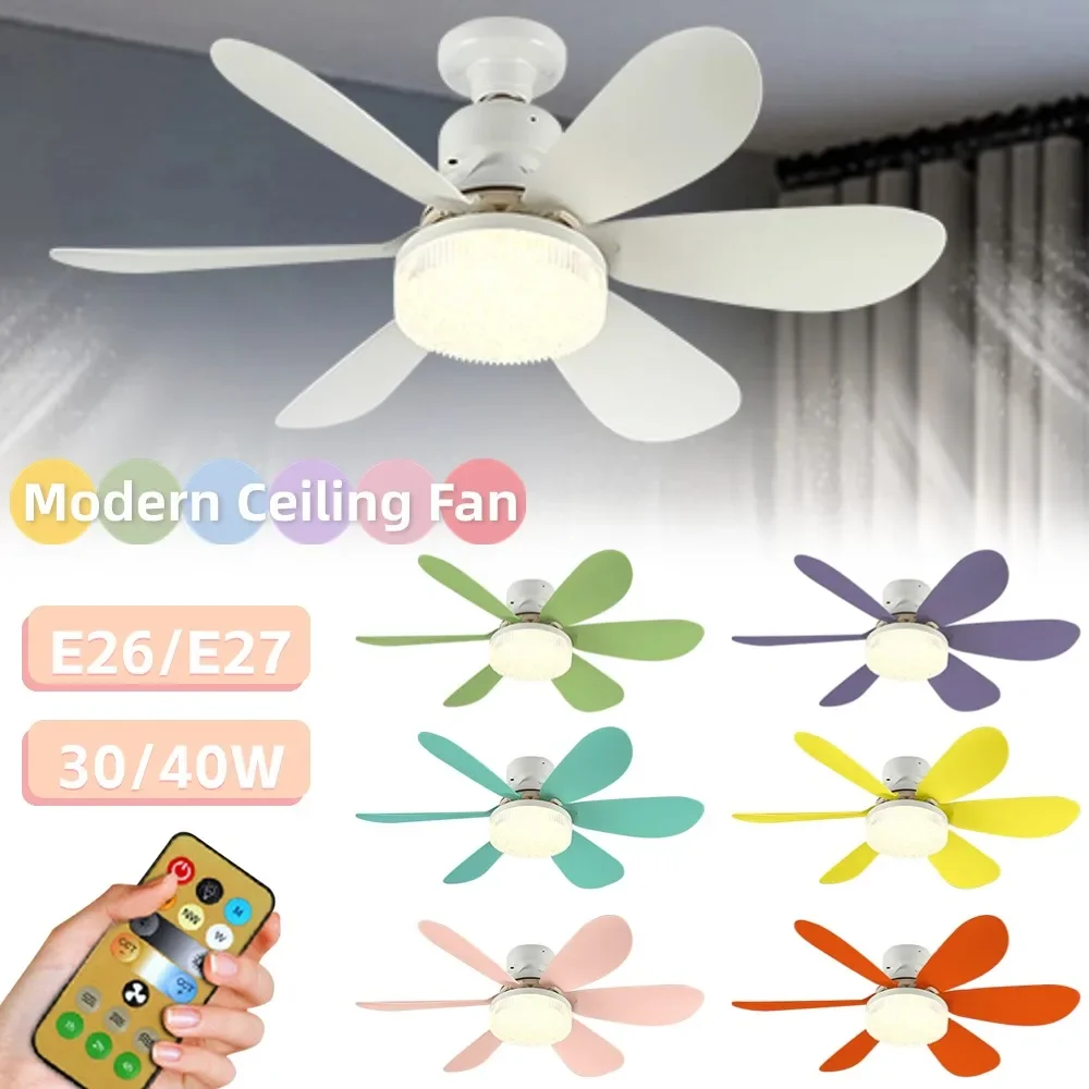 

30W 40W Ceiling Fans With Remote Control and Light LED Lamp Fan E27 Converter Base Smart Silent Ceiling Fans For Bedroom Living