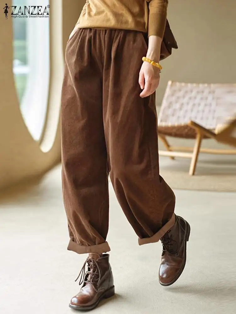 

ZANZEA Women Corduroy Harem Pants Vintage Elastic Waist Long Trouser Casual Loose Autumn Straight Pants Korean Pocket Retro Pant