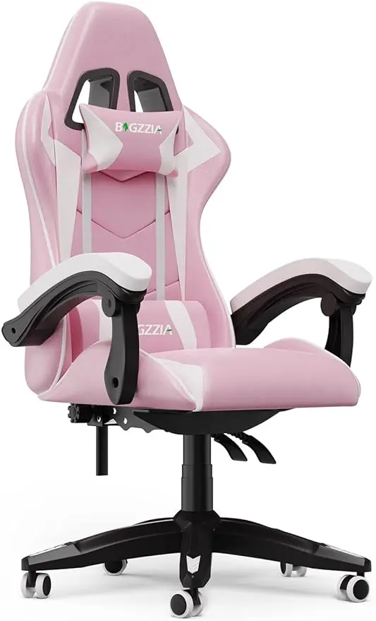 Pink Gaming Chair, Reclining High Back PU Leather Office Desk Chair with Headrest and Lumbar Support, Adjustable Swivel adjustable office chair lumbar support lift desk armchair wheels house chair ergonomic gaming desk headrest easy chair furniture