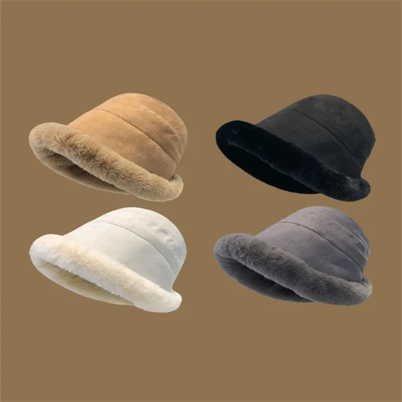 Women Winter Bucket Hat Faux Fur Warm Fisherman Cap Plus Velvet Soft Panama Hat Lady Outdoor Plush Sun Cap