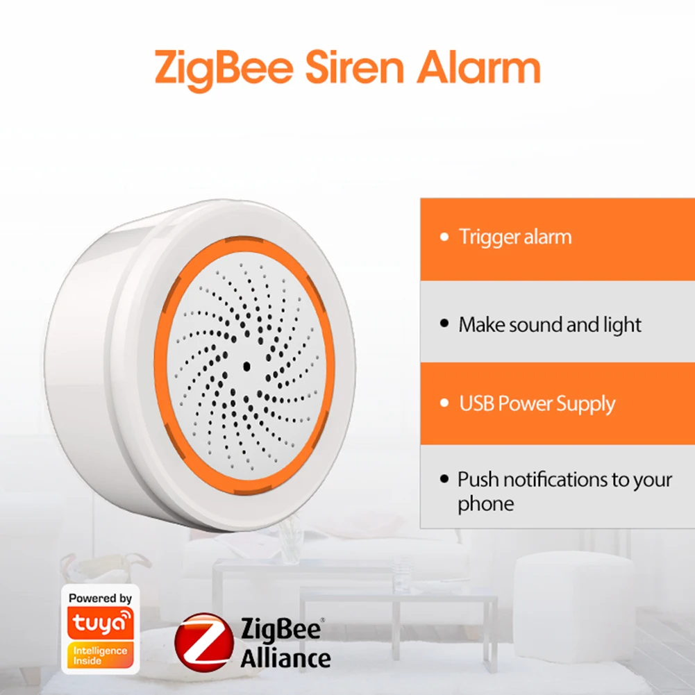 Tuya ZigBee Smart Siren Alarm Sound and Light Siren Sensor 90dB Smart Life Siren App Remote Control Home Security Alarm System
