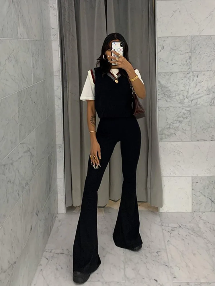 Solid Black Woman Pants Slim Fitting High Waisted Streetwear