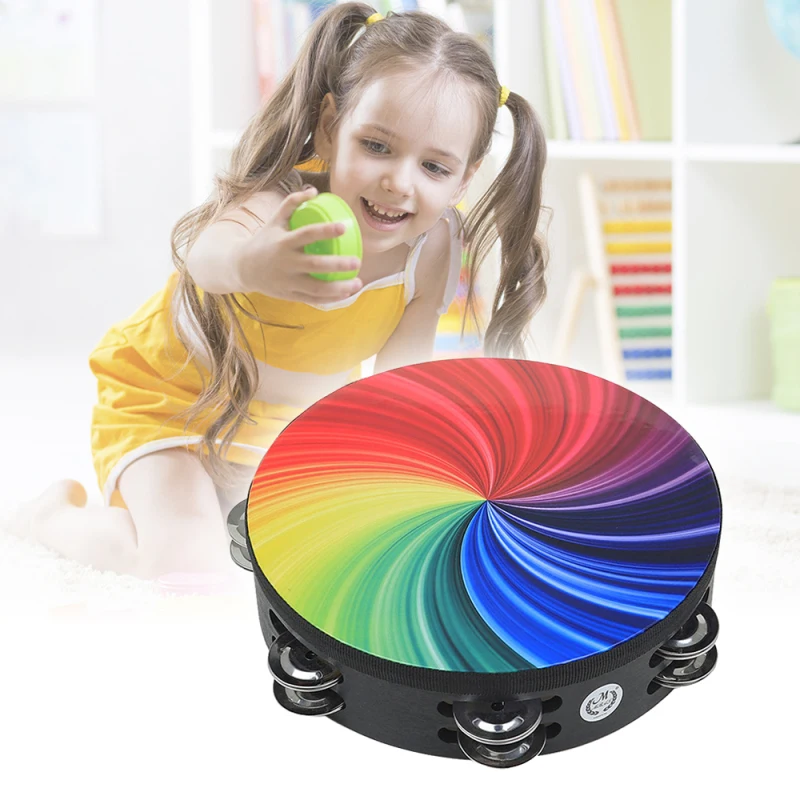 8 Inch Rainbow Tambourine Wooden Handbell Early Education Percussion Instrument with Double Row Jingles for Children Boys Girls
