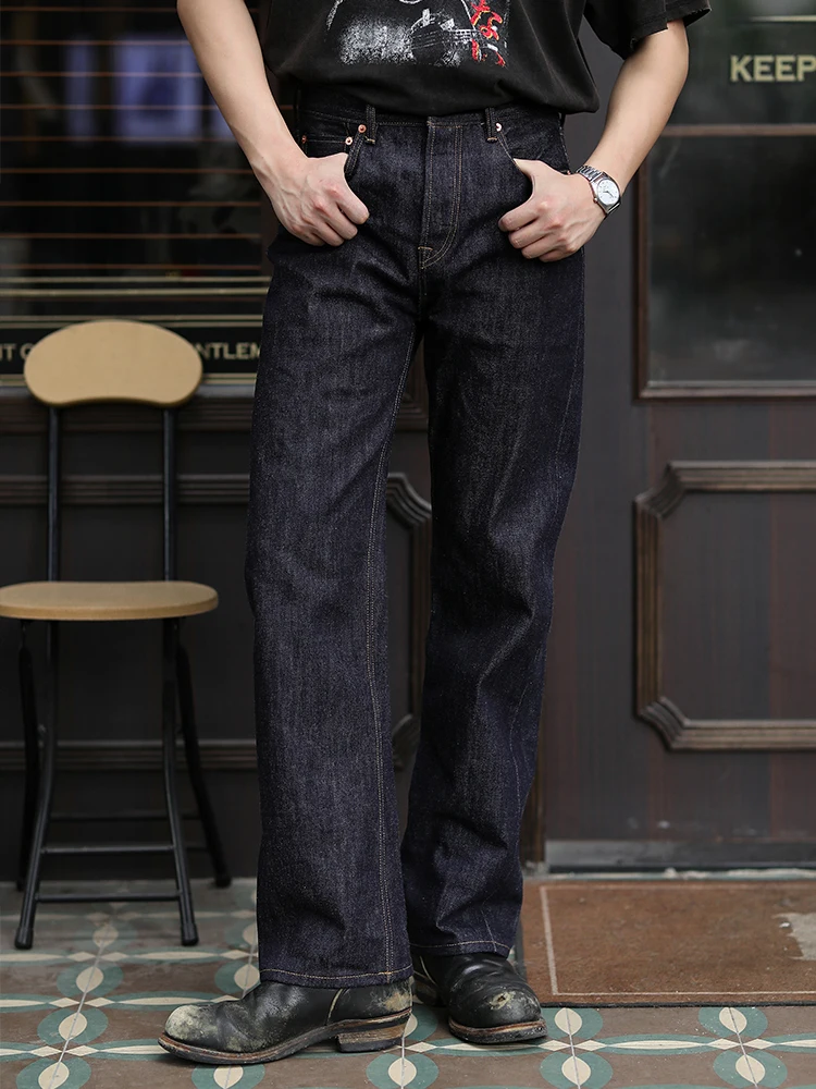 High Waist Slim Fit Straight Leg Denim Jeans 65OZ Mbbcar Men's Red Ear Durable Casual Cotton Trousers American Sle