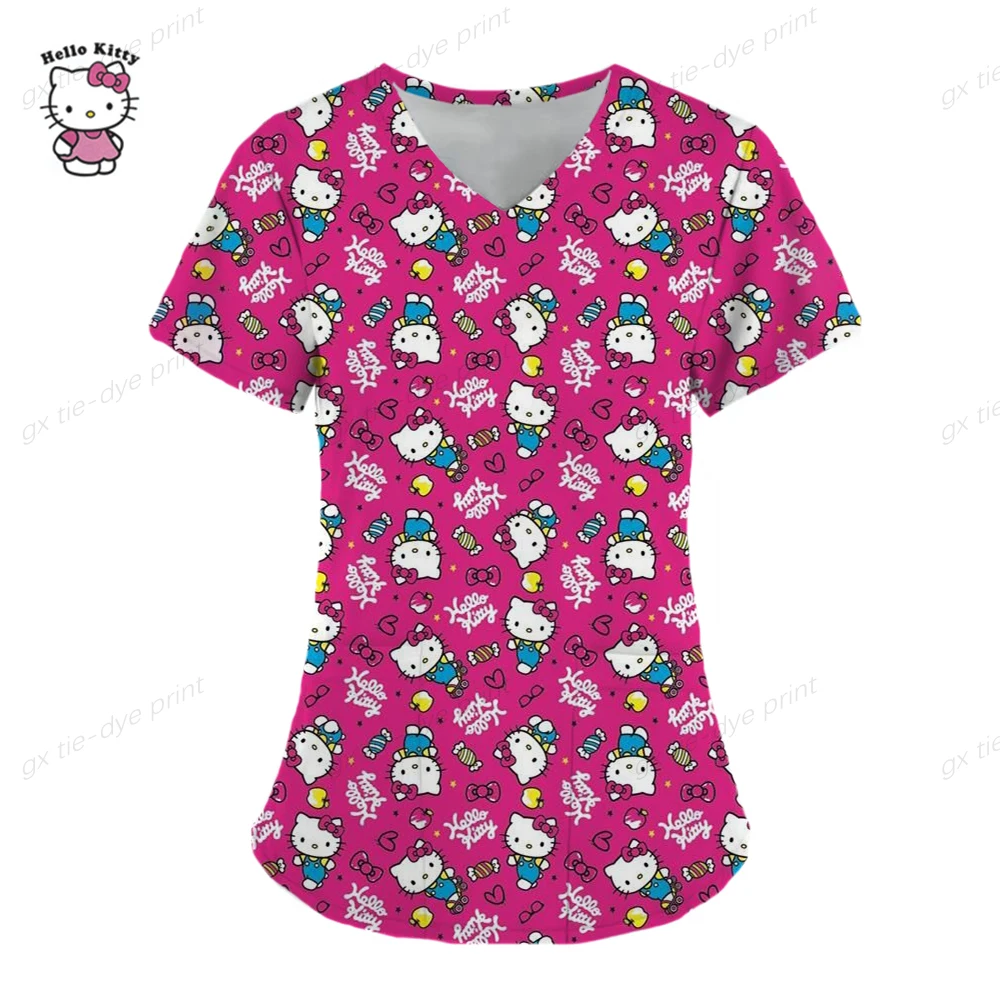 Ropa de mujer, camisetas de verano, camisetas de Hello Kitty, camisetas con cuello en V, camisetas con bolsillos, uniformes de enfermera, camisetas de hospital, camisetas para mujer 2023
