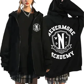 معاطف سويت شيرت هاراجوكو بسحاب من Nevermore Academy Wednesday Addams بسحاب كبيرة الحجم