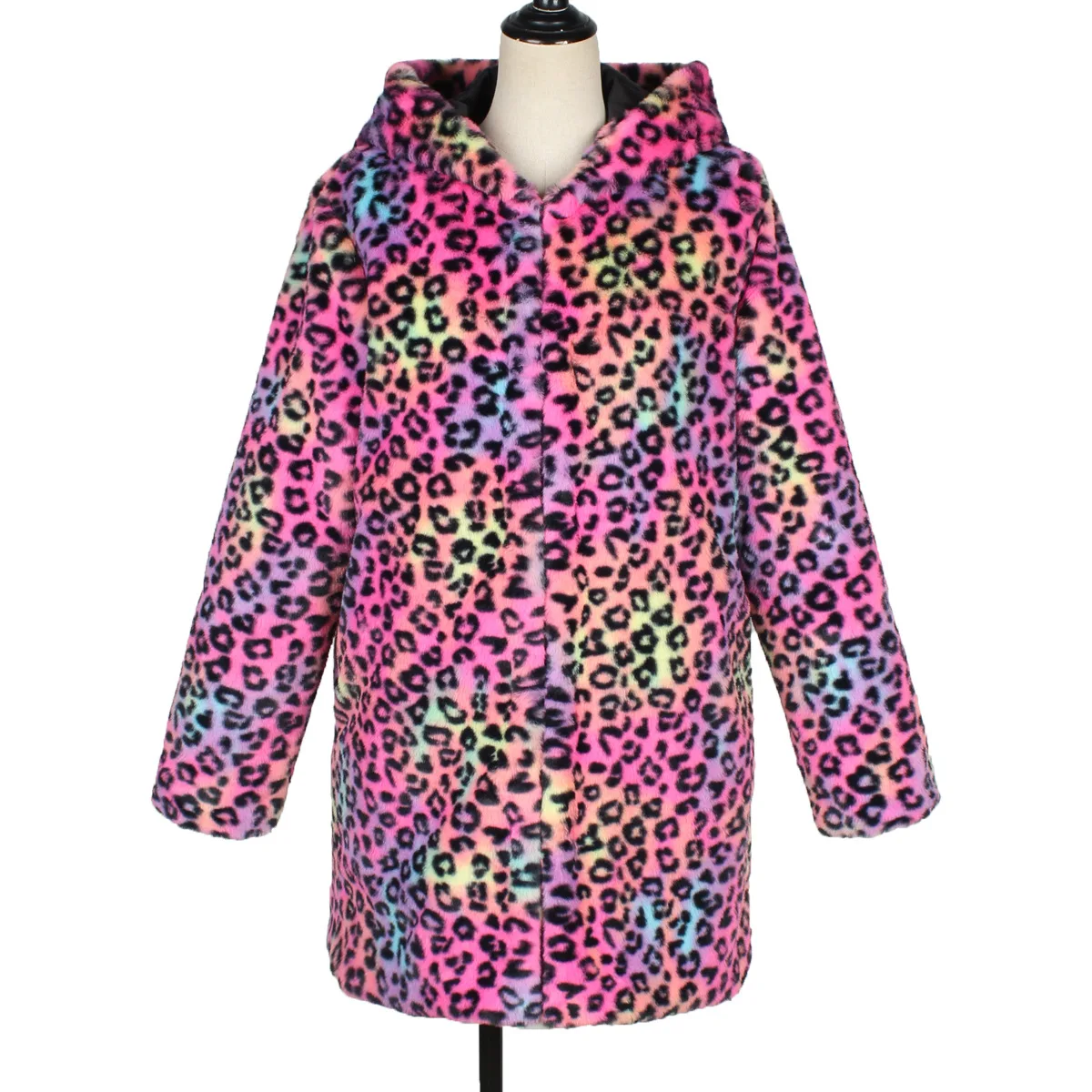 Autumn Winter Leopard Print Long Faux Fur Coat with Hood Women