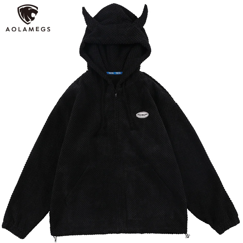 

Aolamegs Hoodies Men Twist Knitting Demon Horns Solid Color Zipper Coats Soft Cozy Hipster Tops Hip Hop Loose Casual Streetwear