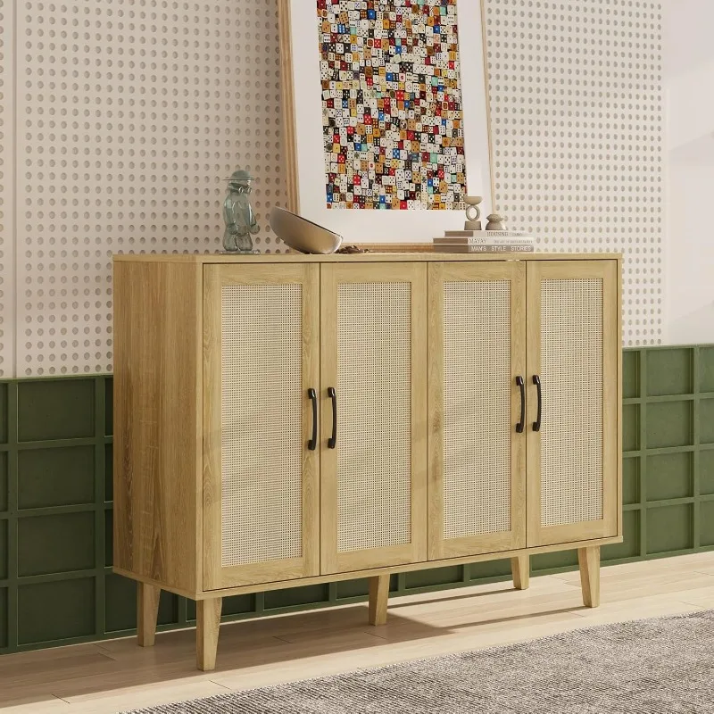 Sideboard Buffet Cabinet, Storage Cabinet with Double Rattan Doors, Modern Rattan Sideboard Cabinet, Kitchen Storage Cabinet