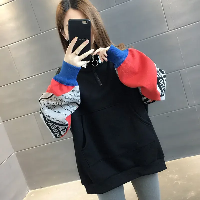 

Graphic Hip Hop Women's Sweatshirt Black Baggy Text Loose Pullovers Woman Clothing Letter Printing Full Zip Up with Zipper Top M