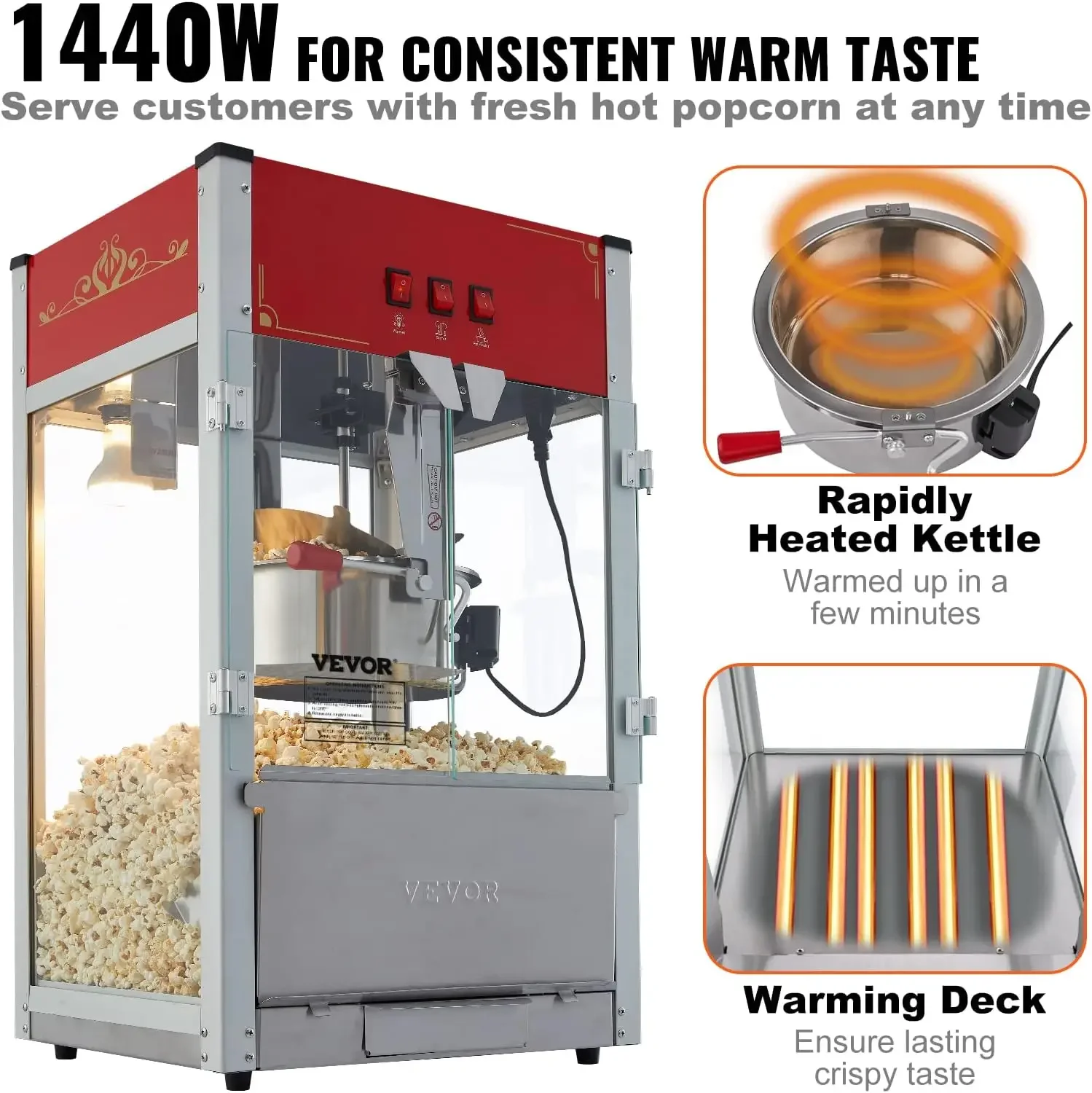 Commercial Popcorn Machine, 12 Oz Kettle, 1440 W Countertop Popcorn Maker for 80 Cups per Batch, Theater Style Popper with