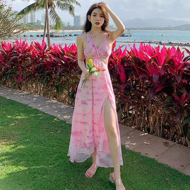 

Summer Pink Maxi Strap Dress Women 2022 Long Elegant Flowy Backless Slip Dresses for Wedding Guest Bridesmaid Birthday Prom