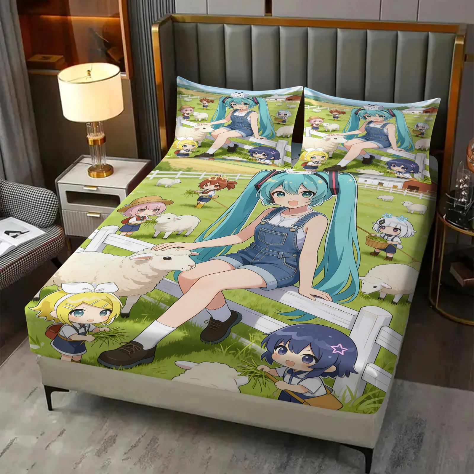 3-teiliges Hatsune Miku Spannbettlaken & 2 Kissenbezüge ohne Füllung, Anime-Druck Bettwäsche, Tiefe Taschen Matratzenschoner, Fan-Geschenk – Detail 8