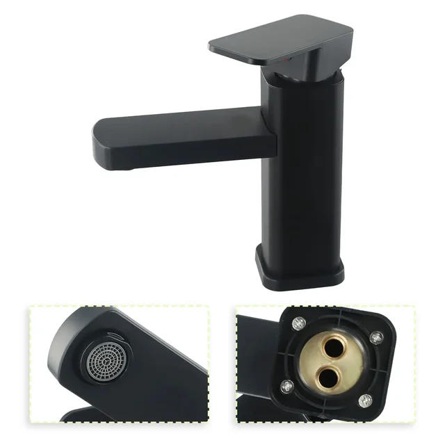 1 X Water Tap Plastic Steel Bathroom Counter Basin Square Base Faucet Black Hot And Cold Water Mixer Black 6