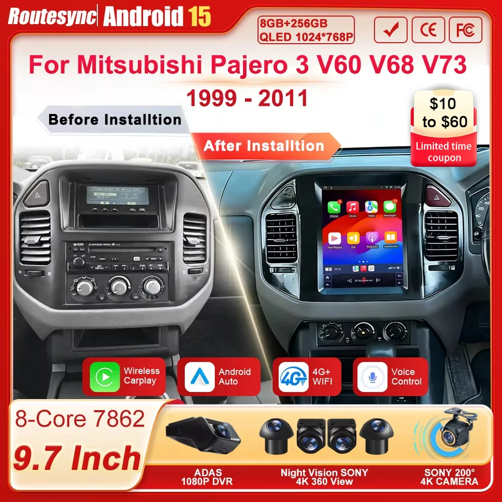 Radio Multimedia para Auto Android de 9.7 Pulgadas para Mitsubishi Pajero 3 V60 V68 V73 1999 - 2011, Reproductor Carplay con Pantalla Dividida, 4G Wifi 1