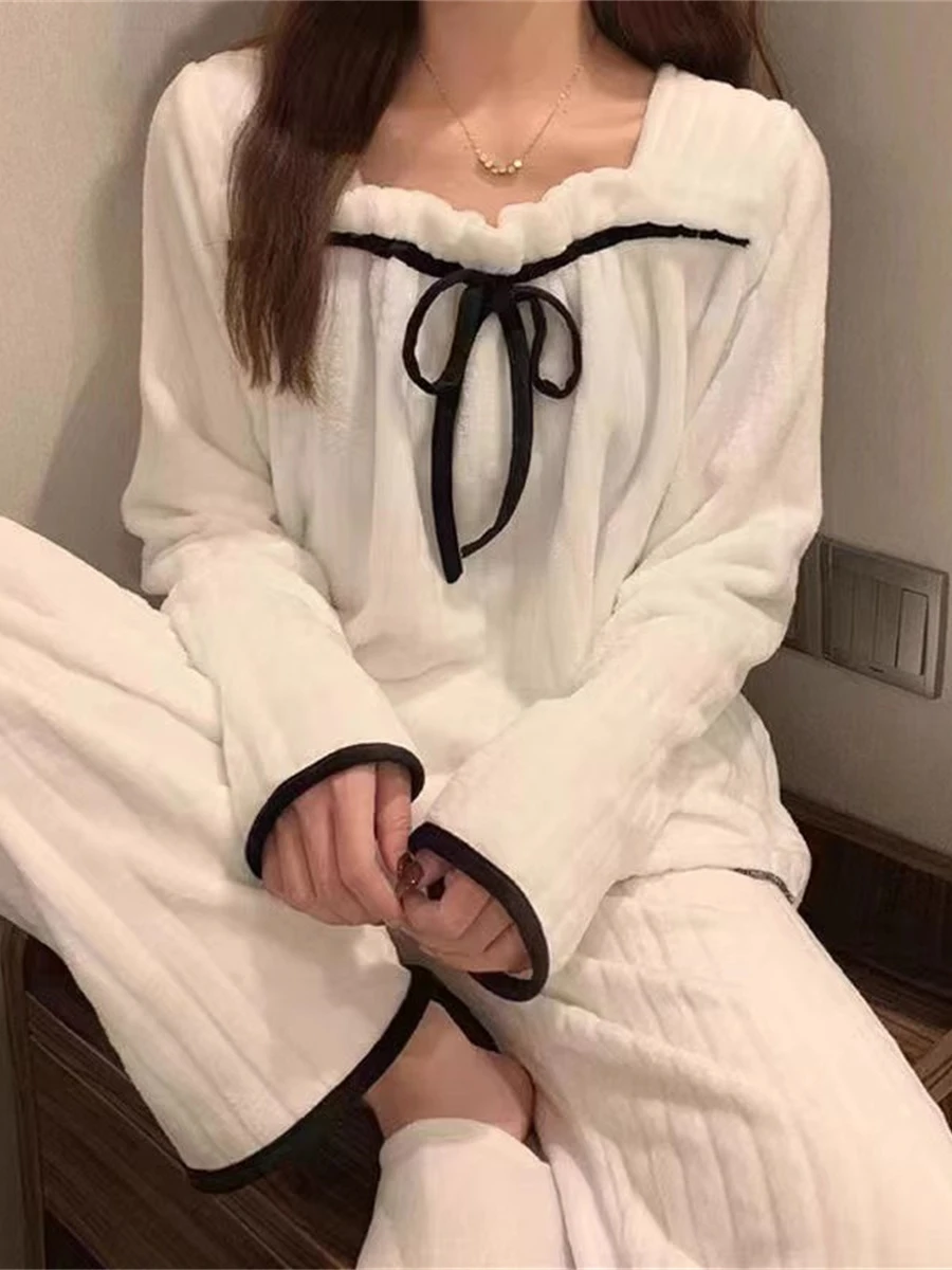 Women's Winter Spwear Flannel Long Sve Set Bow Knot Home Clothes Loose Fit