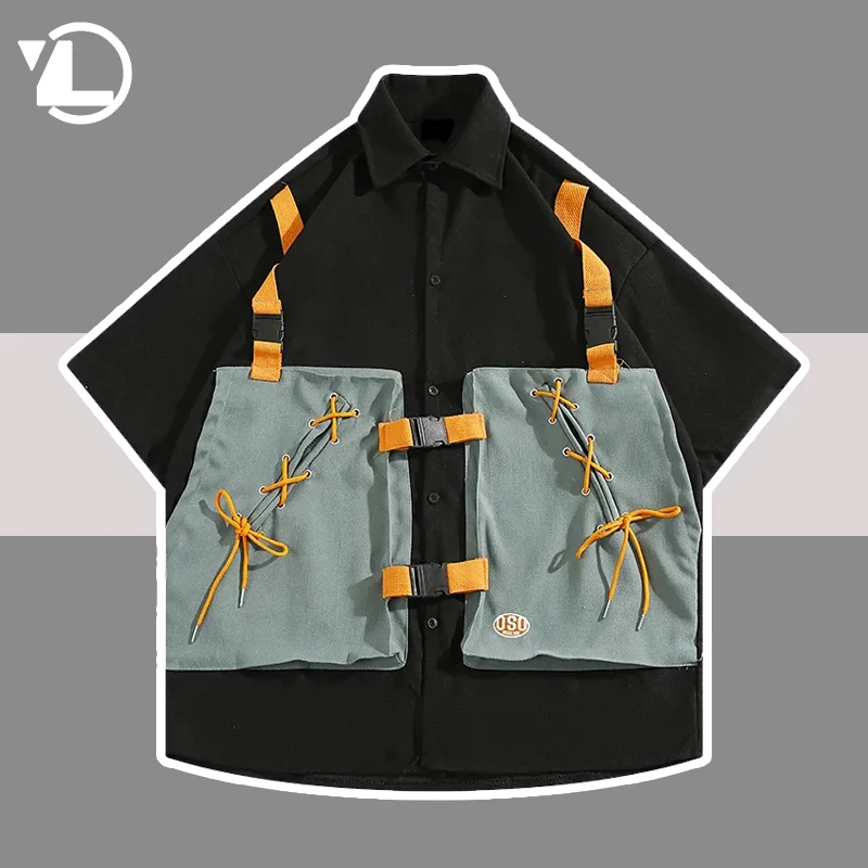 

Retro Shirt Men Women Summer Hip Hop Short Sleeve Japanese Cargo Shirts Harajuku Loose Casual Patchwork Blouse Tops Unisex 2023