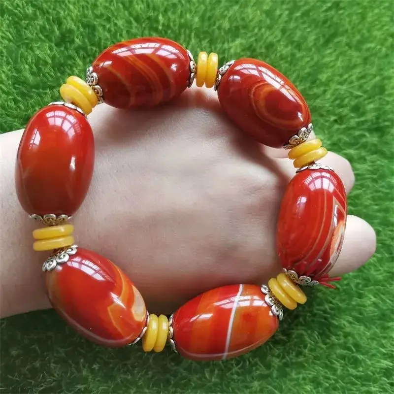 

New Natural Warring States Red Agate Bucket Bead Bracelet, Domineering Men's Simple Fashion Bracelet