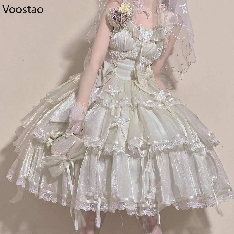 Sweet White Lolita Jsk Dress Victorian Retro Women Elegant Lace Butterfly Sleeveless Flower Wedding Party Dress Kawaii Vestidos