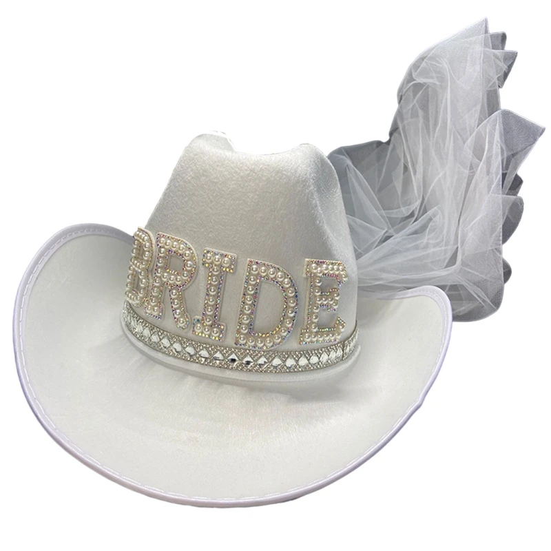 Bride Cowgirl Hat with Veil Novelty Cowboy Hat Summer Beach Western Fancy Dress Accessory 1pc