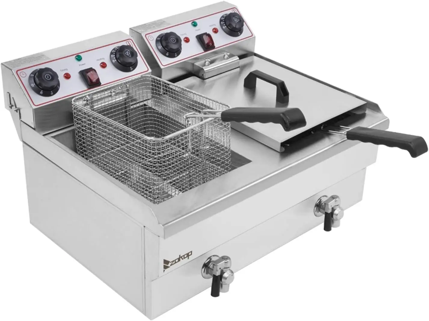24.9QT Capacity Electric Deep Fryer with Time Control & Oil Filtration Countertop Dual Tank Fryers w/Drain Temperature Control