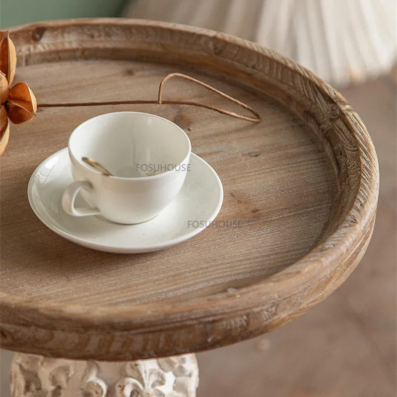 Nordic Solid Wood Coffee Table for Caf&eacute; Furniture Small Round Table Vintage Upscale Roman Carving Design Coffee Shop Side
