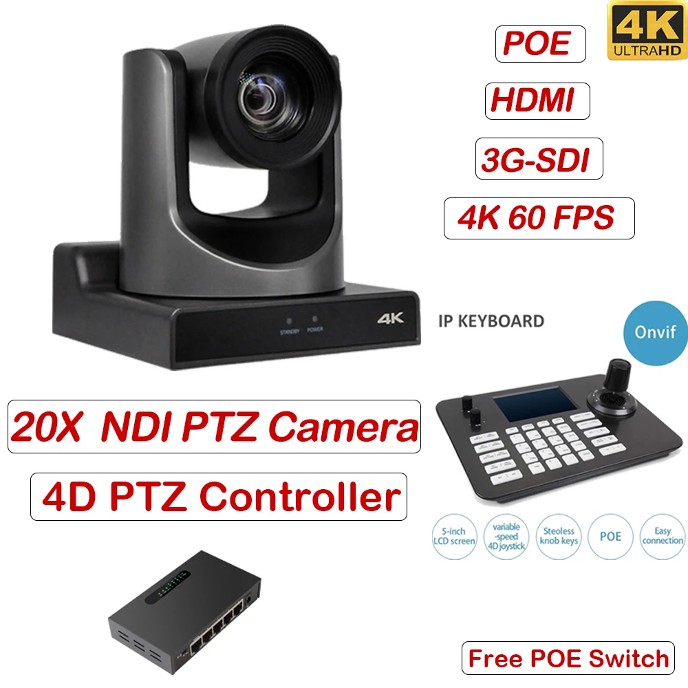 SMTAV-NDI PTZ 4K 20X 광학 줌 PTZ 카메라, 3G-SDI HDMI USB IP 스트리밍 PTZ 카메라 컨트롤러 지원 ONVIF 프로토콜