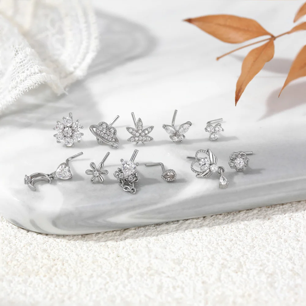 Exquisite Tiny Waterdrop Flower Heart Navel Piercing Rust Proof Hypoallergenic Geometric Zircon Stud Earrings Waterproof Jewelry