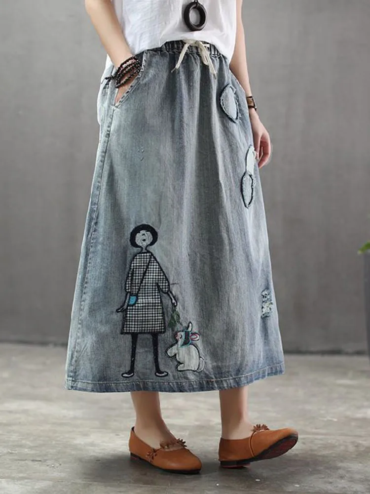 AmaxluluE 2025 Fashion Streetwear Women Summer Classic Embroidery Loose Denim Holes Skirts Ladies Casual Vintage Cartoon Clothes