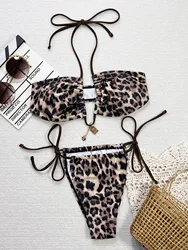 Leopard Print Bandage Halter Bikini Swimwear Set - M (Leopard)