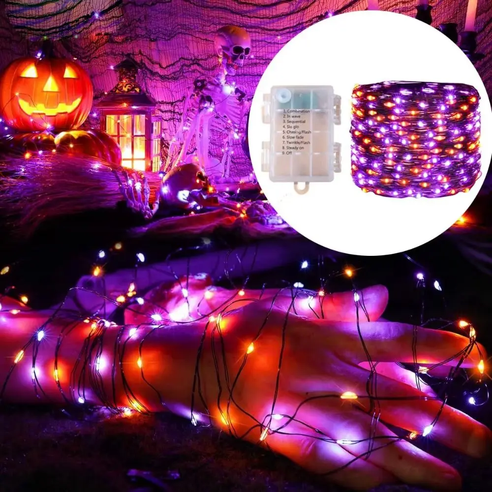 12M Halloween String Lights 100LED DIY Halloween Fairy Lights Battery Powered Purple Orange Color LED String Lights Garden Decor